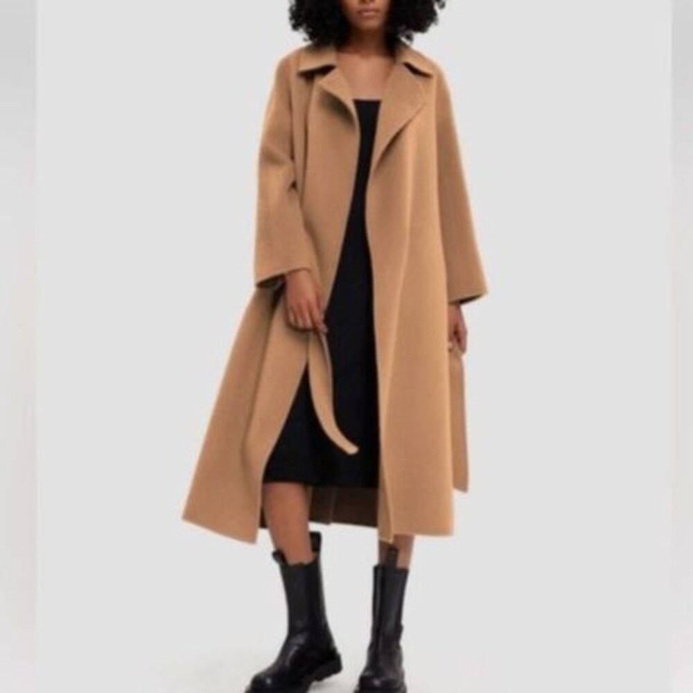 Lattelier Earth Tone Belted Wool Coat Camel 100% Wool Long Wrap Coat
